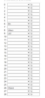 Screenshot of a device configuration with WB3S chip, showing a list of settings numbered from 0 to 28, including functions like Btn, IRRecv, LED, and IRSend.