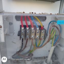 Widok wnętrza skrzynki elektrycznej z podłączonymi przewodami trzech faz, neutralnym i uziemieniem, oraz połączonymi przewodami niebieskim i żółto-zielonym.