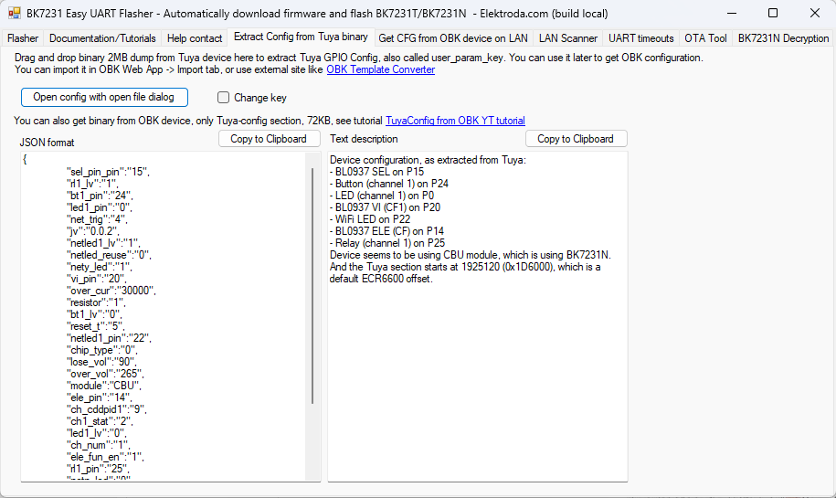 BK7231 Easy UART Flasher with extracted Tuya configuration Screenshot of BK7231 Easy UART Flasher showing JSON config and text description