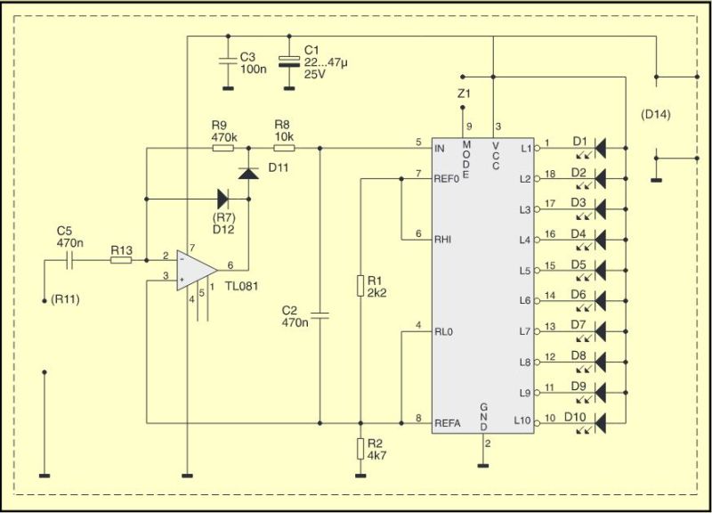 Electronic circuit diagram with LEDs, TL081 operational amplifier, and other components.
