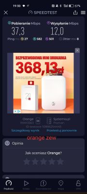 Ekran z aplikacji Speedtest pokazujący wyniki testu prędkości internetu mobilnego Orange: pobieranie 37,3 Mbps, wysyłanie 12,0 Mbps, ping 27 ms.