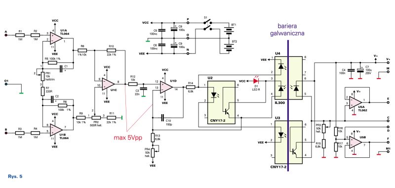 Schemat układu EKG z barierą galwaniczną i układami optoelektronicznymi