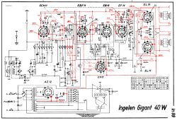 Schemat elektryczny radia Ingelen Gigant 40 W z opisanymi elementami.