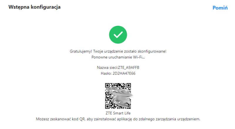 Ekran konfiguracji routera ZTE z nazwą sieci, hasłem i kodem QR do aplikacji