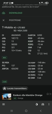 Zrzut ekranu z aplikacji NetMonster przedstawiający parametry połączenia sieci T-Mobile 4G LTE 800 oraz 5G NSA 2100, w tym siłę sygnału i jakość połączenia.