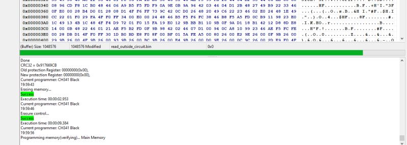 Screenshot of flash memory software showing a hex buffer and programming logs for CH341 Black programmer.