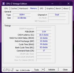 Zrzut ekranu zakładki Memory w aplikacji CPU-Z Vintage Edition pokazujący informacje o pamięci DDR4.
