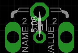 Electronic circuit layout with hexagonal and oval pads, with a 5.08 measurement between them.