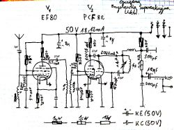 Schemat przystawki do odbioru UKF z lampami EF80 i PCF82.