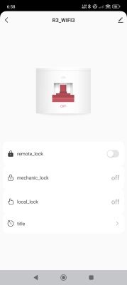 App screen showing R3_WIFI3 smart switch turned off and lock options disabled