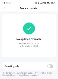 App screen showing no updates available for the device, with Main Module v3.1.17 and MCU v1.0.6 versions.