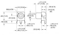 Technical drawing with dimensions of an electronic component, indicating length, width, and diameter.
