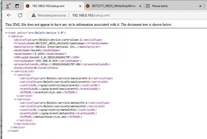 Screenshot showing an XML file with Belkin device data on a web page.