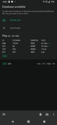 Zrzut ekranu z aplikacji diagnostycznej sieci na telefonie pokazujący informacje o zasięgu sieci Play 4G LTE 1800.