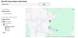 Zrzut mapy zasięgu Orange: Olszynka, Polska, pinezka i opcje 5G do 1050 Mb/s