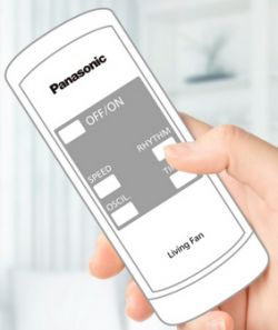 Panasonic remote control for a fan with five buttons in a hand.