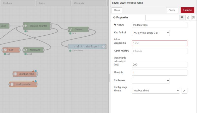 Editing the “modbus-write” Node in Node-RED Screenshot of Node-RED editor showing the “modbus-write” node being edited with its properties panel open.