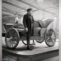 Ilustracja historycznego pojazdu elektrycznego z mężczyzną w płaszczu i czapce.