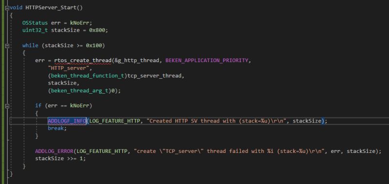 A code snippet in C/C++ showing a function to start an HTTP server, with a highlighted log info line.