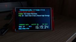 ESP32 project screen displaying MP3 file playback info from SD card
