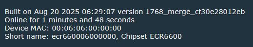 Screenshot showing ECR6600 device info with MAC address 00:06:06:00:00:00