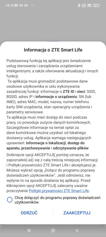 Ekran aplikacji ZTE Smart Life z informacją o prywatności i uprawnieniach
