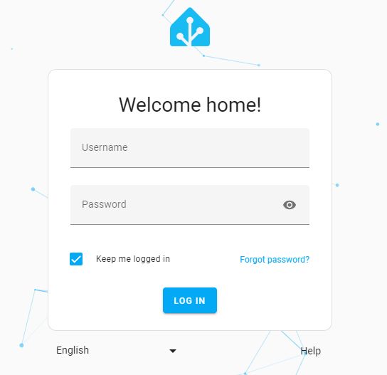 Home Assistant login screen with fields for username and password.