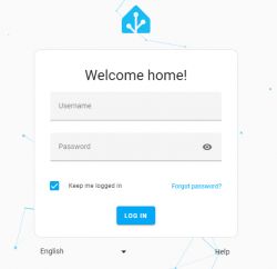 Home Assistant login screen with fields for username and password.