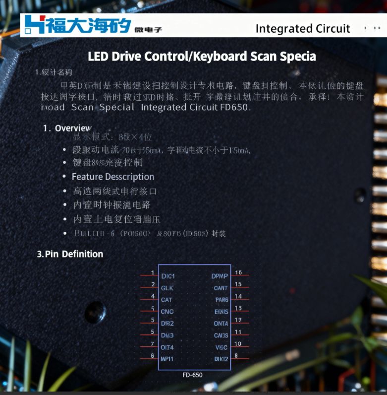 Screenshot of FD650 datasheet showing functions and a pinout diagram
