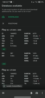 Zrzut ekranu z aplikacji Netmonster przedstawiający parametry sygnału sieci 4G LTE operatora Play.