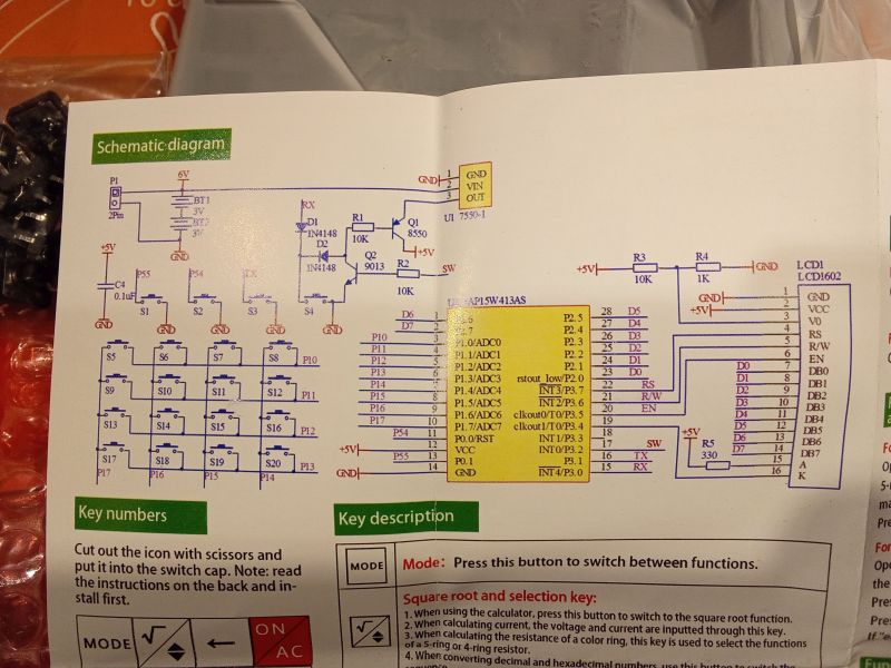 Schemat układu elektronicznego z opisem klawiszy i instrukcją montażu.