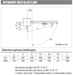 Schemat montażowy siłownika FAAC 414 Long z tabelą wymiarów instalacyjnych
