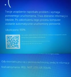 Ekran błędu Windows (niebieski ekran) z komunikatem i kodem „IRQL NOT LESS OR EQUAL” oraz kodem QR