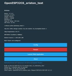 Screenshot of OpenESP32C6_ariston_test status page with temperature readings and Config/Restart buttons