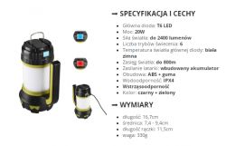 Lampka kempingowa-powerbank z opisem specyfikacji