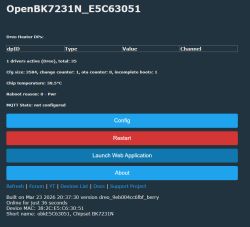 OpenBK7231N_E5C63051 web dashboard Screenshot of OpenBK7231N web dashboard with a DP table and buttons for Config, Restart, and About