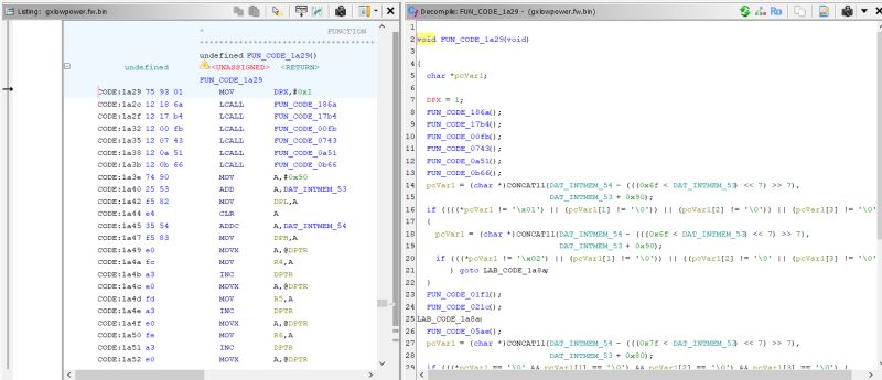 Screenshot of Ghidra showing 8051 assembly and decompiled C code of firmware