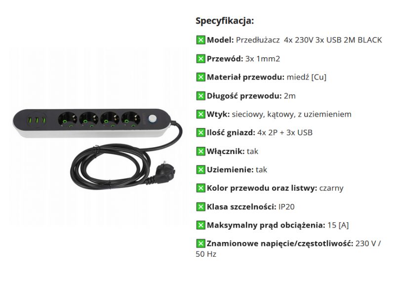 Przedłużacz/listwa 2m 4 gniazda i 3 USB za 35 zł o tajemniczej wydajności prądowej