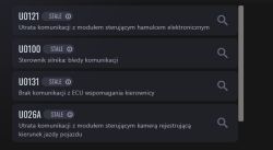 Zrzut ekranu aplikacji diagnostycznej z kodami błędów U0121, U0100, U0131 i U026A
