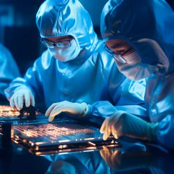 Pracownicy w strojach ochronnych analizują podzespoły elektroniczne.