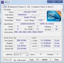 Zrzut ekranu CPU‑Z z danymi procesora Intel Xeon X5450 i taktowaniem 3,0 GHz.