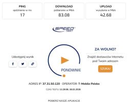 Wynik Speedtest: ping 17 ms, download 83,08 Mb/s, upload 42,68 Mb/s, operator T‑Mobile Polska