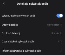 Ekran ustawień funkcji detekcji sylwetek osób z opcjami włączonymi