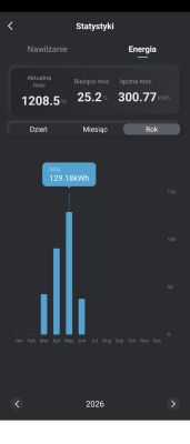 App screenshot of energy statistics with a monthly bar chart for the year 2026