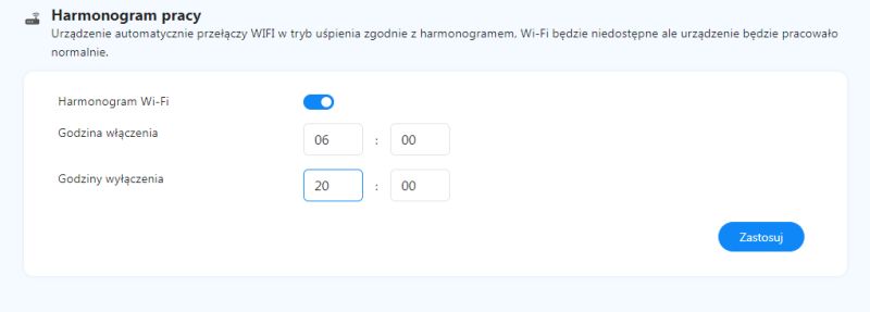 Panel ustawień harmonogramu Wi-Fi z włączoną funkcją automatycznego wyłączania sieci
