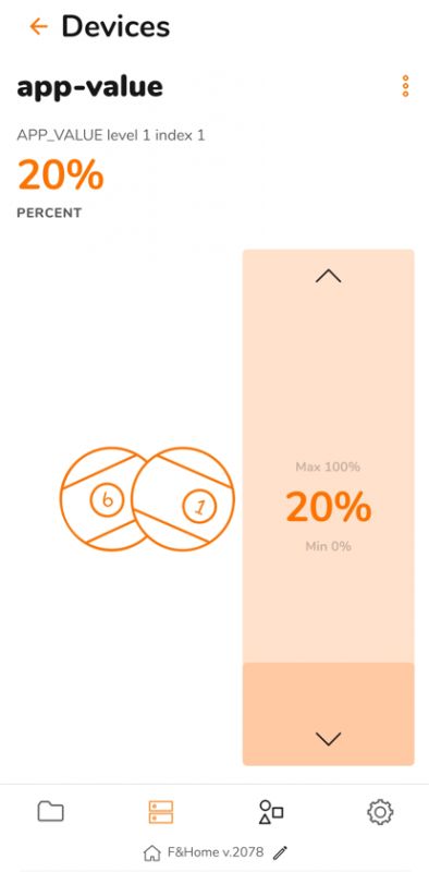 App Screen – Value Set to 20% A mobile app screen showing a value set to 20%, with a slider and an icon of two balls with numbers.