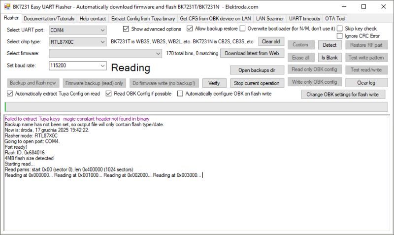 Screenshot of BK7231 Easy UART Flasher software reading flash memory contents