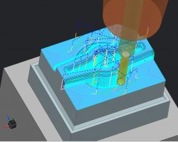 Obraz pokazuje symulację CAM obróbki detalu 3D z użyciem frezarki CNC.
