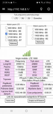 Zrzut ekranu z ustawień routera Huawei na stronie konfiguracji, pokazujący wybór pasma LTE 1800 MHz z różnymi parametrami połączenia.