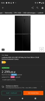 Czarna lodówka MPM 404-SBF-09 z funkcją No Frost, 180 cm wysokości.